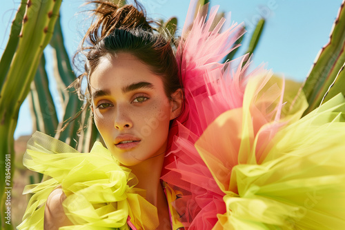 Close up portrait of a woman in bright yellow and pink tulle dress standing amidst giant cacti with magenta spines. Fashion editorial. © Femmes.Digital