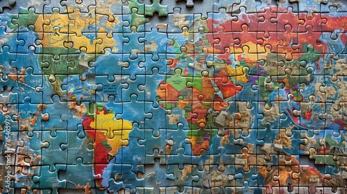 World Map  A photo of a world map puzzle  with pieces representing countries