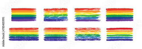 Set of grunge rainbow pride LGBT flags. Different flag textures hand drawn with a ink, crayon and chalk. Vector illustration isolated on white background.