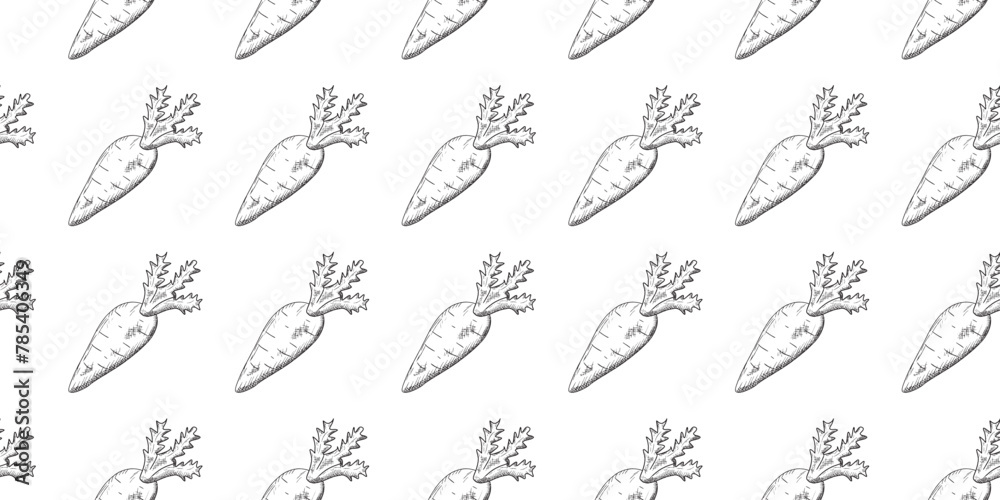 seamless pattern. the pattern. seamless. vegetables. an engraving of vegetables. an engraving. beautiful background for menus and banners. beet. leaves. carrot. natural. black lines. strokes.