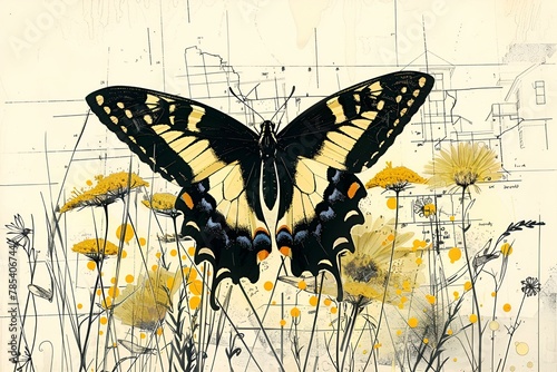 Motyl paź królowej na łące wśród żółtych kwiatów
