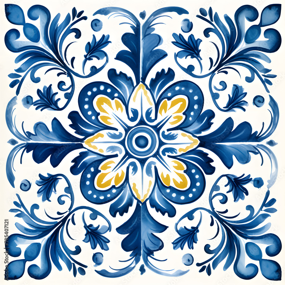 Pattern of azulejos tiles. Rustic blue and yellow tile watercolor seamless pattern. Pattern of azulejos tiles. Rustic blue and yellow tile watercolor seamless pattern.