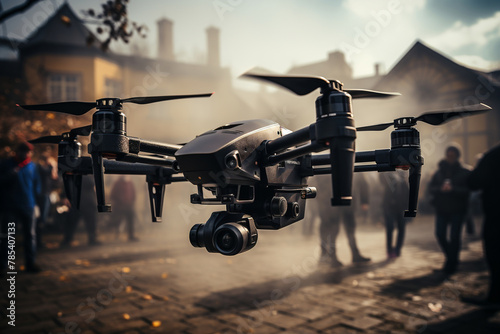 Drone News reporter fitted with a camera and microphone, capturing aerial footage and conducting interviews for breaking news stories Modern technologies. Industrial drone to increase productivity photo