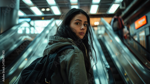 Young woman with a backpack looks over her shoulder while standing on an escalator, amidst the fluorescent lights of a subway station.