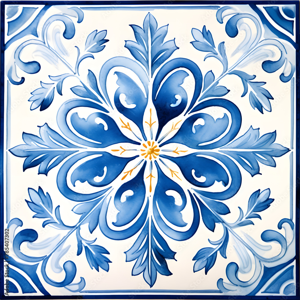 Fototapeta premium Pattern of azulejos tiles. Rustic blue and yellow tile watercolor seamless pattern.