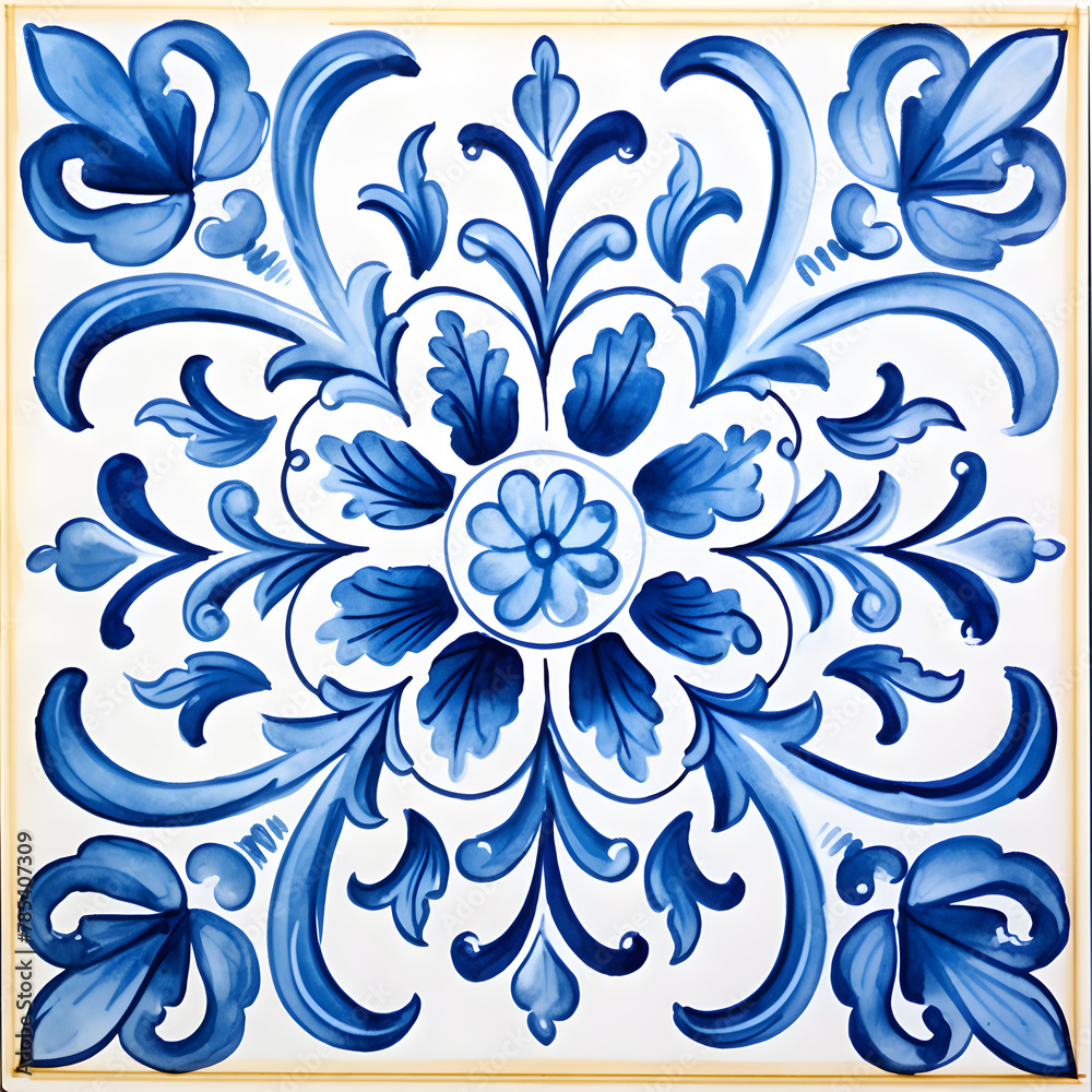 Pattern of azulejos tiles. Rustic blue tile watercolor seamless pattern. Pattern of azulejos tiles. Rustic blue tile watercolor seamless pattern.