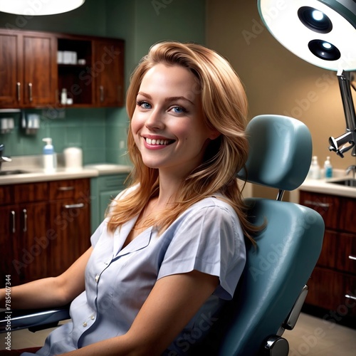 woman sitting in dentist chair , smiling patient for dental treatment 