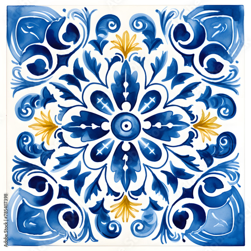 Pattern of azulejos tiles. Rustic blue and yellow tile watercolor seamless pattern.