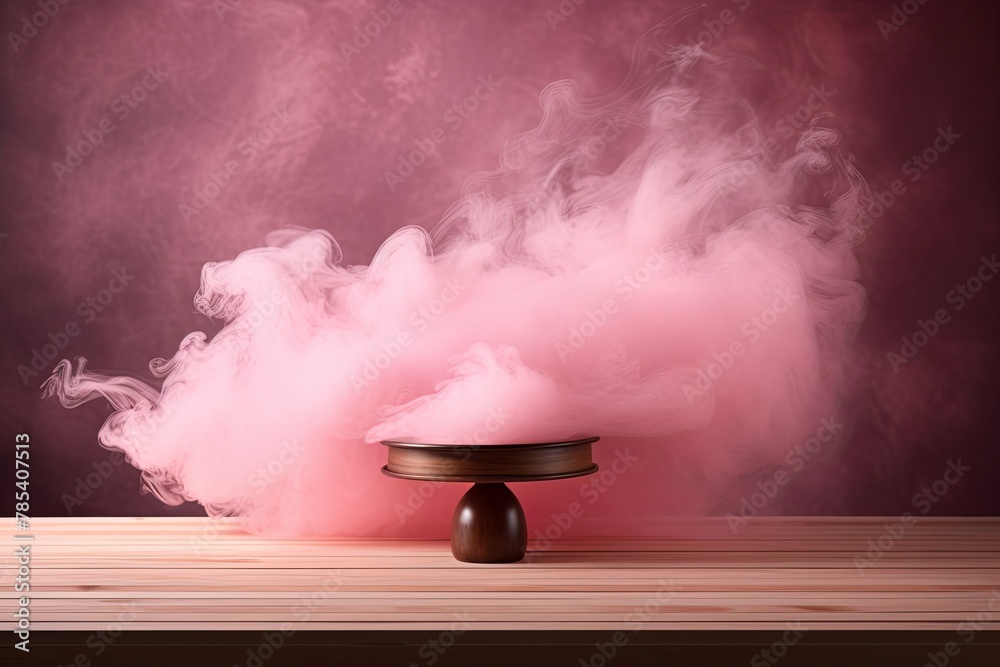 pink background with a wooden table and smoke. Space for product presentation, studio shot, photorealistic, high resolution image
