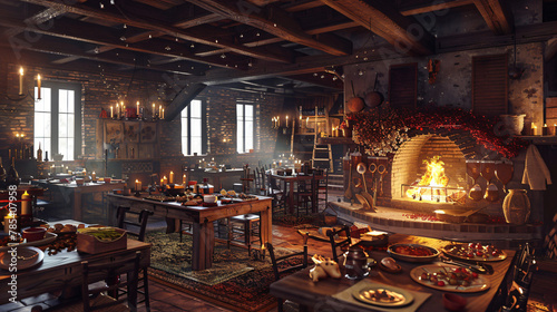 Medieval inn or tavern interior with tables of food an