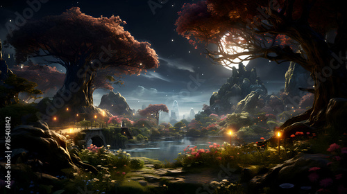 Mysterious fantasy landscape. Fantasy world. 3D Rendering
