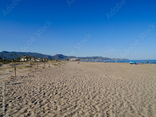 Landscape of the beach with mountains, Mediterranian cost of Spain, El Grao de Castellon, Valencia, Spain