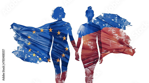 Silhouettes of women symbolizing unity with EU and red blue flag colors, concept europ day, banner photo