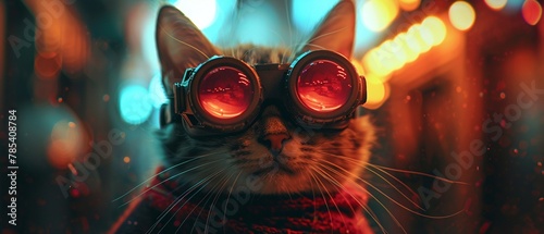 An elite spy kitten with nightvision goggles and a tactical wool scarf on a covert mission  Color Grading Teal and Orange photo