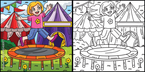 Circus Child and Trampoline Coloring Illustration