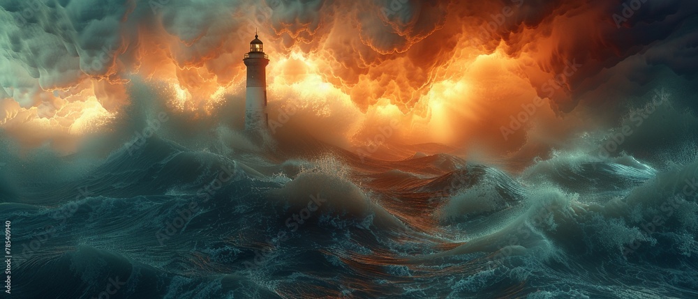 Cinematic 3D scene of a lonely lighthouse wrapped in a giant wool scarf ...