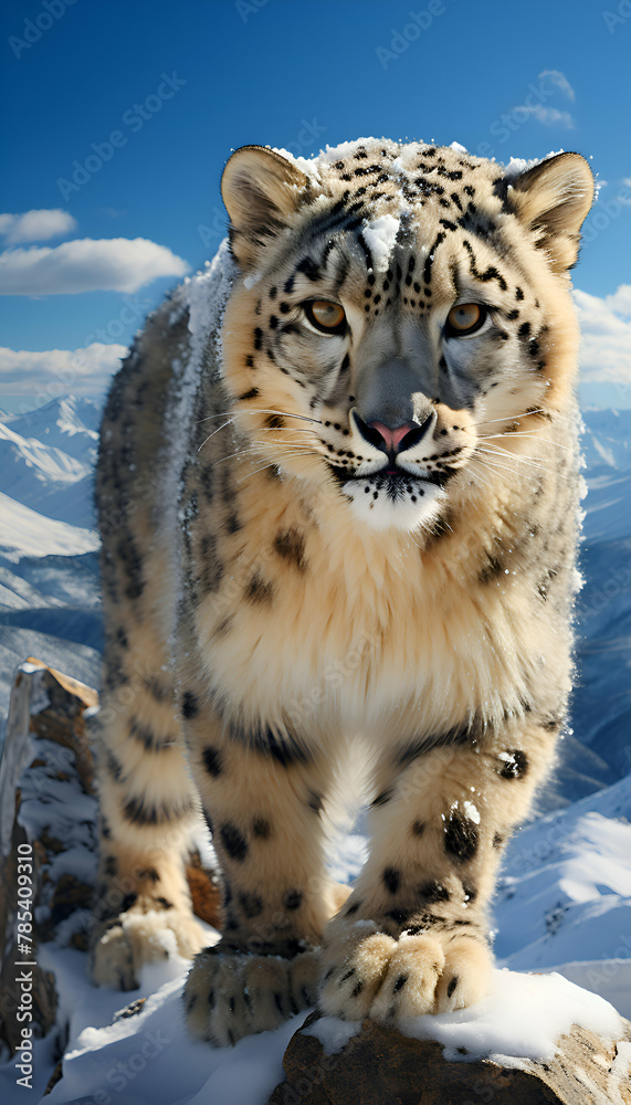 Obraz premium Snow leopard portrait on the background of snowcapped mountains