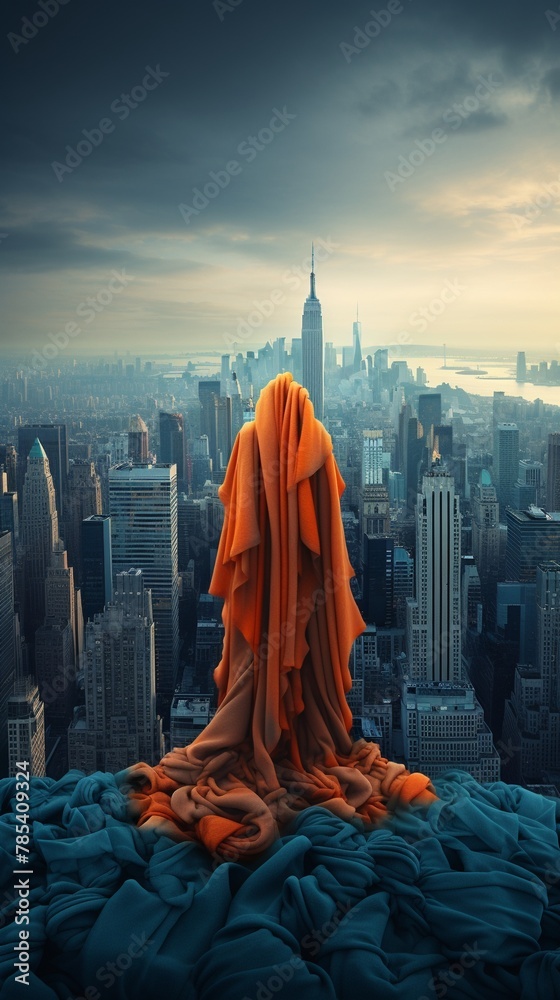 Detailed 3D visualization of a giant wool scarf wrapping around a minimalist cityscape, merging nature with urban life  Color Grading Teal and Orange