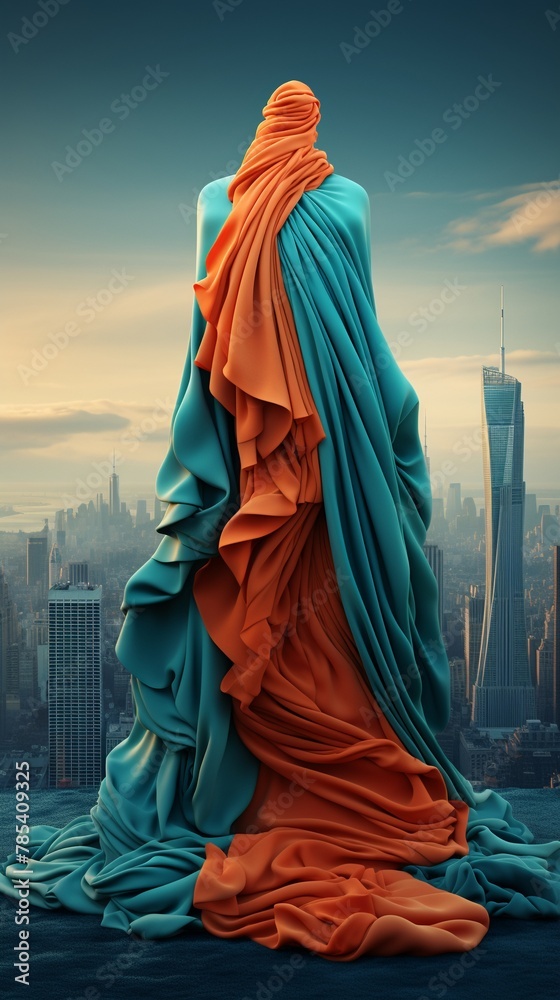 Detailed 3D visualization of a giant wool scarf wrapping around a minimalist cityscape, merging nature with urban life Color Grading Teal and Orange Detailed 3D visualization of a giant wool scarf wrapping around a minimalist cityscape, merging nature with urban life Color Grading Teal and Orange