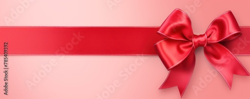 Red ribbon with bow on pink background, Christmas card concept. Space for text. Red and Pink Background