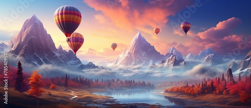 Enchanting 3D scene of a hot air balloon made of patchwork wool scarves, soaring over a dreamlike landscape  Color Grading Complementary Color photo