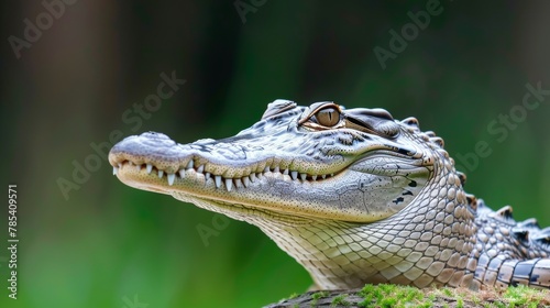 Detailed close up of a wild crocodile in its natural habitat  emphasizing its distinctive features