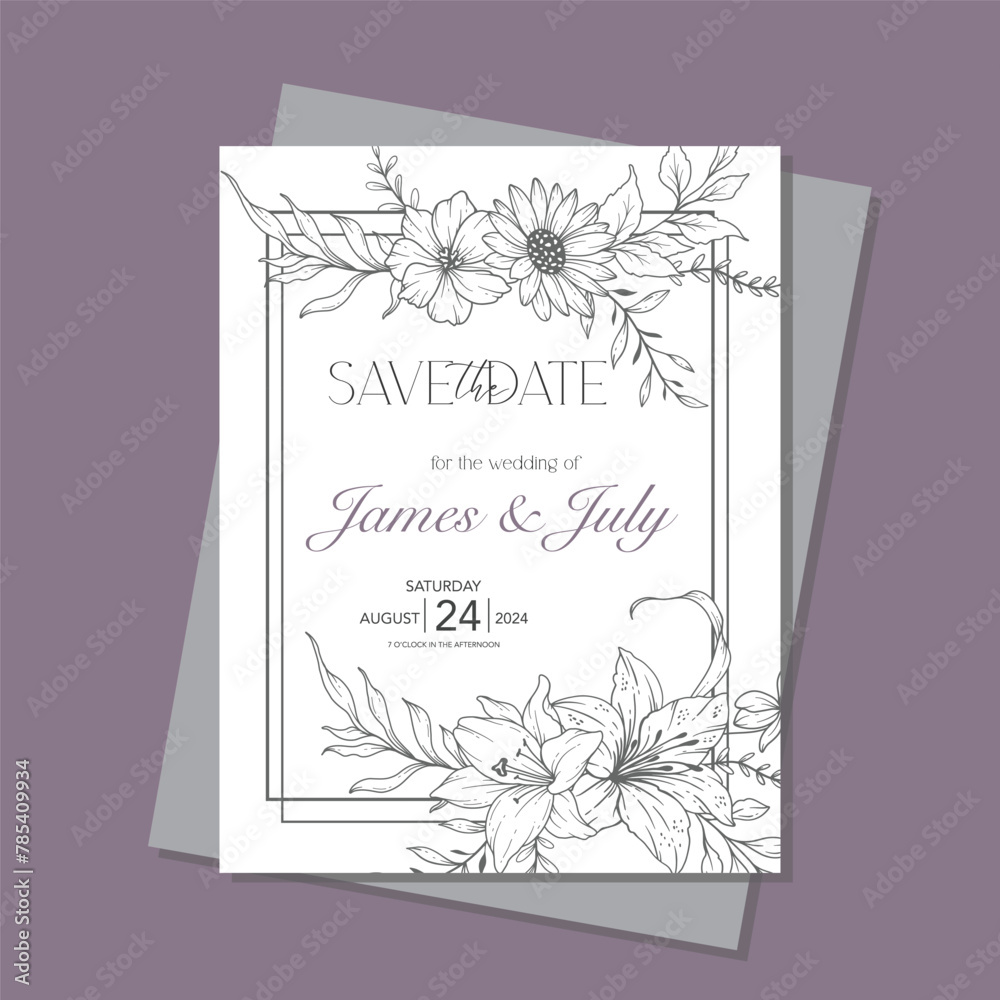 Line Art Wildflowers Wedding Invitation template, Outline Wildflowers Minimalist Wedding Stationery Line Art Wildflowers Wedding Invitation template, Outline Wildflowers Minimalist Wedding Stationery
