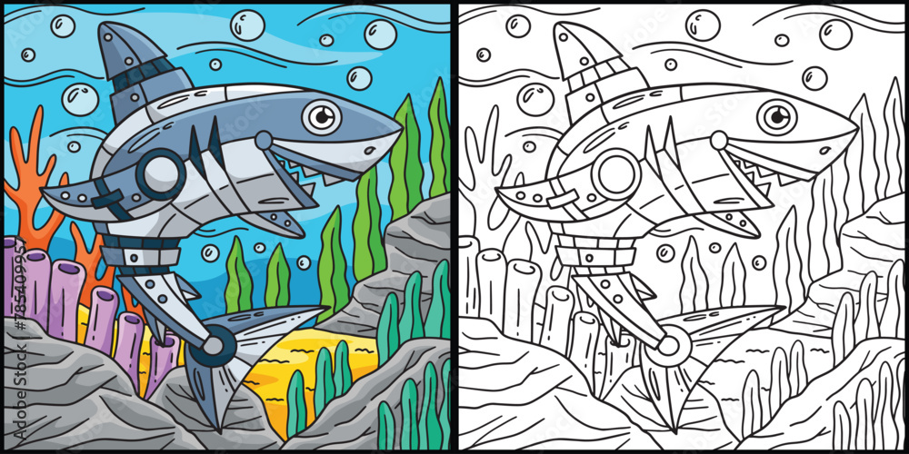 Robot Shark Coloring Page Colored Illustration