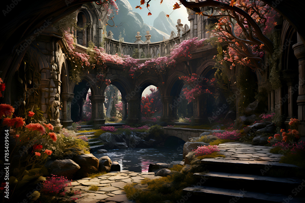 Mysterious fantasy landscape with fantasy castle and pond. 3D rendering