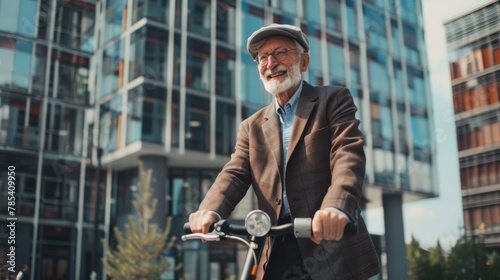 Elegant elderly man on bicycle, great for concepts of vitality in aging, urban retirement life.