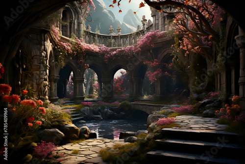Mysterious fantasy landscape with fantasy castle and pond. 3D rendering © Wazir Design