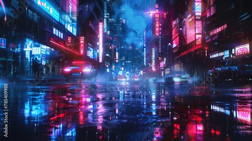 futuristic cyberpunk city street at night neon lights reflecting on wet asphalt dark and moody atmosphere digital painting