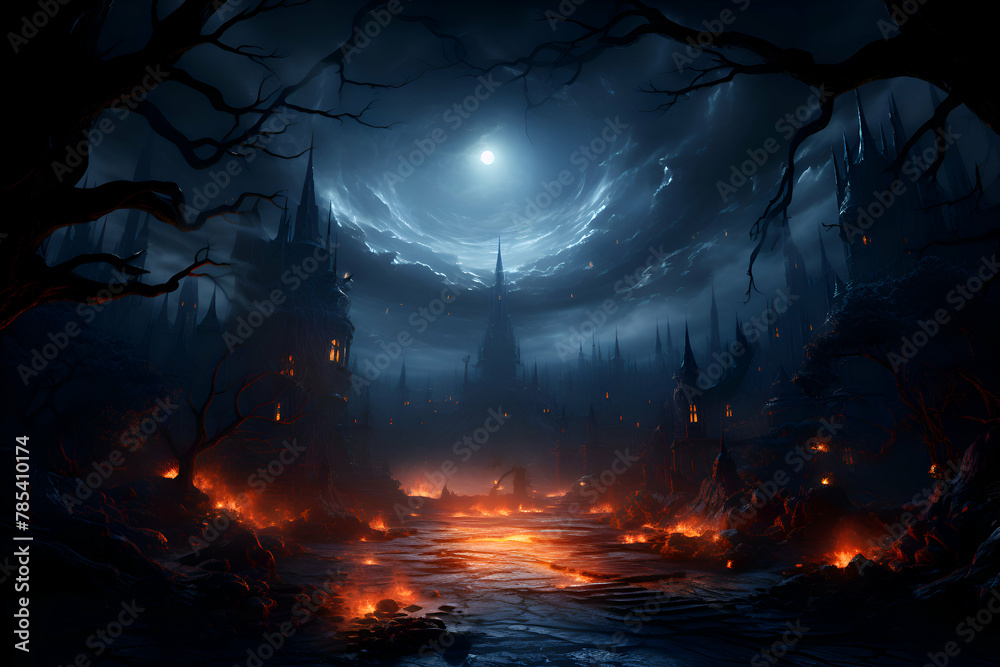 Spooky halloween background with dark forest and full moon.