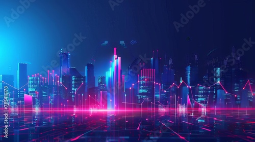 futuristic digital city with glowing financial charts and graphs money technology and business prosperity concept illustration