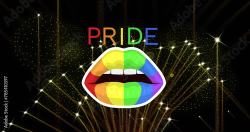 Image of pride rainbow text and lips with fireworks exploding on black background