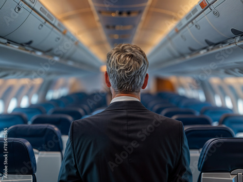 businessman wearing a suit, walking down the airplane aisle, seen from behind, empty plane 