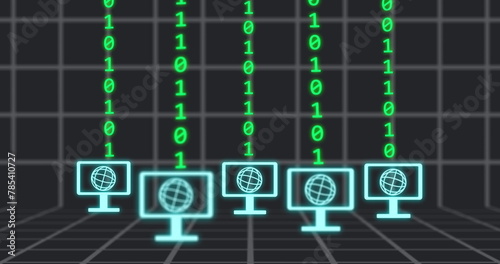 Image of cloud icon and digital screens over binary coding