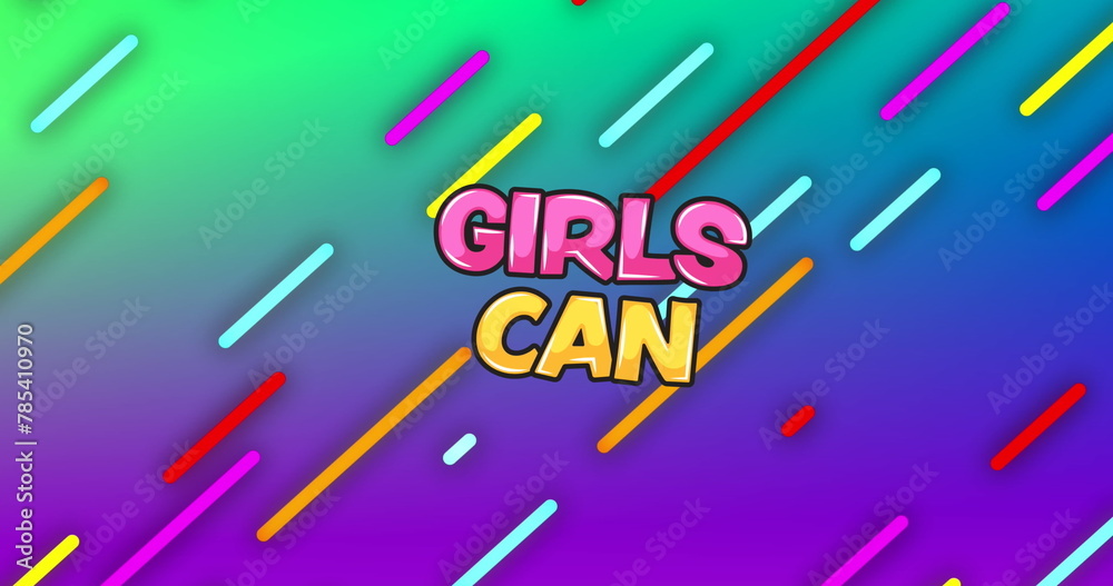 Image of girls can text and abstract shapes moving over green to purple background Image of girls can text and abstract shapes moving over green to purple background