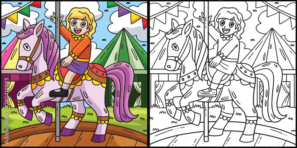Circus Child on Horse Coloring Page Illustration