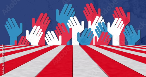 Image of white and red stripes with hands on blue background