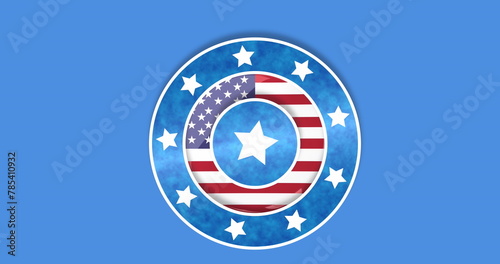 Image of white, blue and red circles with white stars and flag of usa on blue background