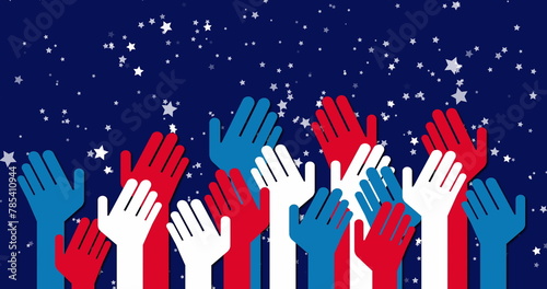 Image of stars and hands raising coloured with flag of usa