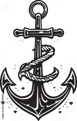 Sailor Anchor Vector Illustration with Rope Border and Waves