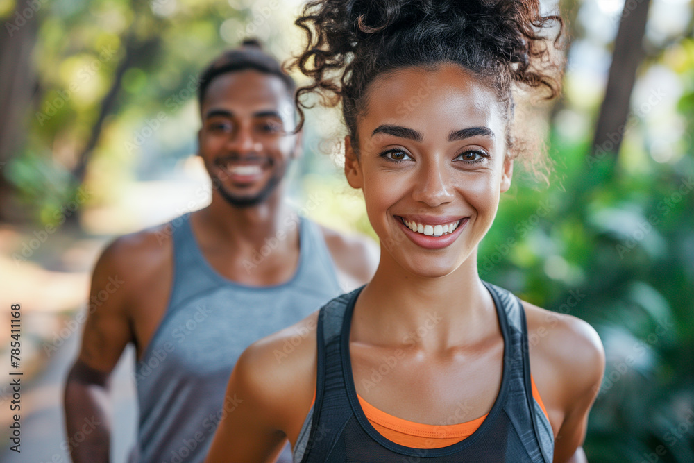 Portrait of a happy couple jogging in the city park. Portrait of a happy couple jogging in the city park.