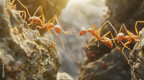 of ants for a gap or obstacle, with each ant interlocking its body with the others to create a safe passage, symbolizing the ingenuity and cooperation of teamwork © Varunee