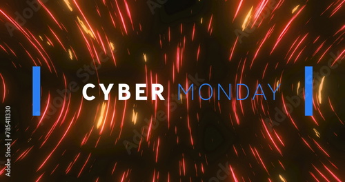 Image of cyber monday text banner over red light trails spinning against black background