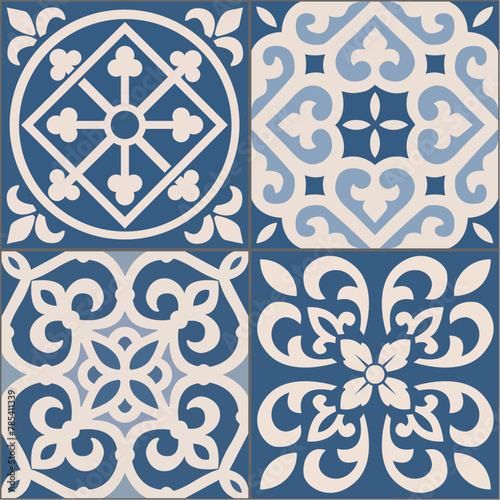 Portuguese tiles. Four types of tiles in shades of blue and white. Ceramic tiles. Portuguese hydraulic ceramic project. EPS illustration.