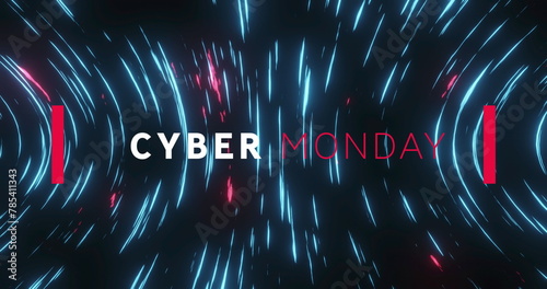 Image of cyber monday text banner over glowing light trails spinning against black background