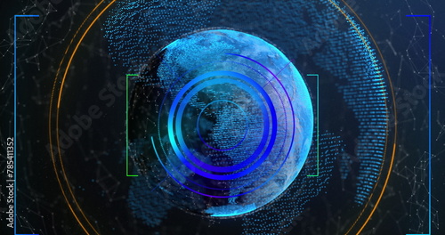 Image of network of connections and scope scanning over spinning globe on blue background