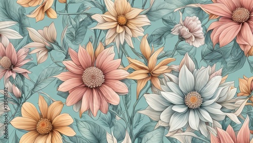 Seamless floral pattern with dahlias and daisies
